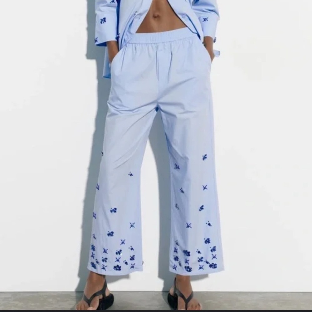 ZARA RHINESTONE POPLIN TROUSERS BLUE - S